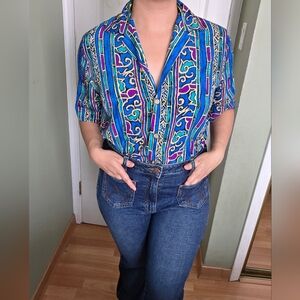 Vintage Colorful Geometric Button-Up Shirt Retro Size Small Oversized